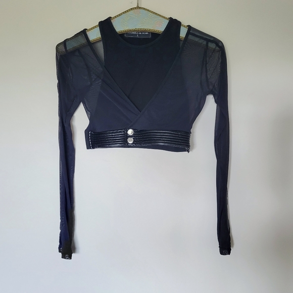 Maniere De Voir Tops - Maniere de Voir Mesh Vegan Leather Cropped Top